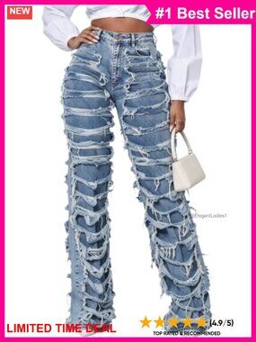 High Waisted Wide Leg Distressed Jeans Frayed Flare Denim Pants